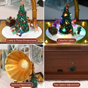 Vintage Christmas carousel with rotating deer, colorful LED lights and phonograph decor