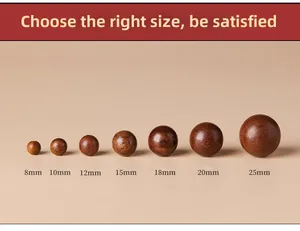 Size comparison chart for Phoebe zhennan wooden prayer beads from 8mm to 25mm
