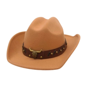 Detail of camel felt western cowboy hat with vintage bull head metal buckle on band