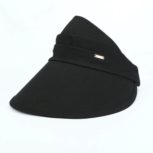 Women's black wide brim sun visor hat with gold metal detail for outdoor UV protection