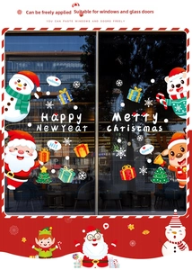 Detail of Christmas window clings showing Santa, snowman, and reindeer festive designs