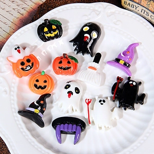 Halloween resin accessories kit with pumpkin ghost and wizard hat on white tray