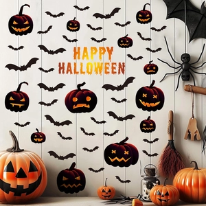 Halloween raamstickers set met zwarte vleermuizen, pompoenen en feestelijke teksten