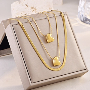 Layered Stainless Steel Gold Necklace Heart Pendant Artificial Pearl Zircon Herringbone Snake Chain For Women