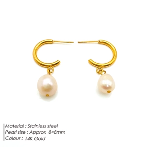 14K gold plated stainless steel earrings with elegant 8mm round freshwater pearls