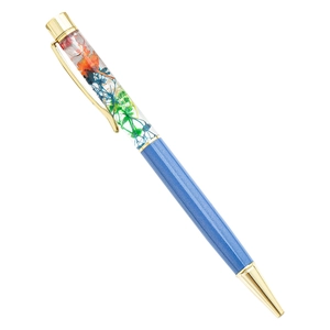 Blue glitter herbarium ballpoint pen with orange dried flowers and gold accents