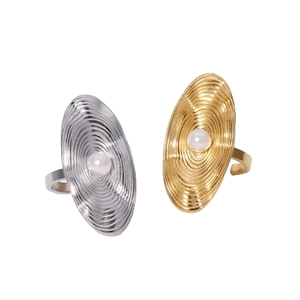 Minimalist stainless steel oval pearl rings in gold and silver finish with textured bands