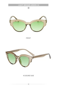 Front and 45-degree side views of light brown cat-eye sunglasses with green lenses