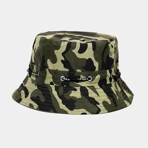 Detail of outdoor camouflage bucket hat with sport ribbon and metal air vents