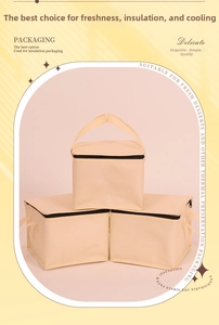 Close-up of stacked beige insulated food bags featuring a sturdy top handle and black zipper
