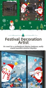 Detailed view of Christmas window stickers featuring Santa Claus and snowman decorations