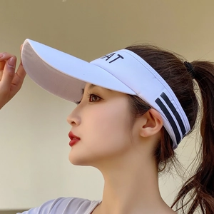 White open-top sun visor hat with HAT lettering and side stripes for outdoor sports