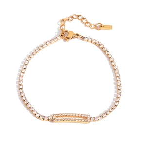 Detail view of gold-plated tennis bracelet with cubic zirconia and lobster clasp