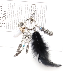 Detail of dreamcatcher keychain with black feathers, Hamsa hand, and evil eye charm
