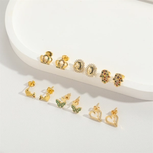 Colorful zircon stud earring set featuring gold crown, butterfly, and heart designs