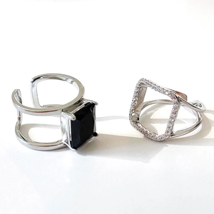 Geometric Square Hollow Open Rings 925 Sterling Silver Micro Pave Zircon Black Gemstone Adjustable Modern Jewelry