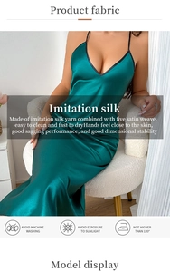 Detailed view of dark green imitation silk satin fabric and dress care instructions