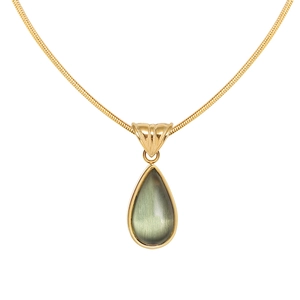 French style gold-plated snake chain necklace with green teardrop cat-eye stone pendant