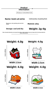 Detail showing specifications for cartoon cat enamel pins on books with dimensions and weight
