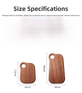 Size chart for mini ebony wood cutting boards showing dimensions and material details