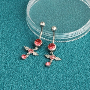 Pink and red zircon heart belly button rings with angel wings in polished stainless steel