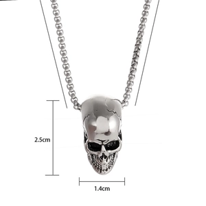 Polished stainless steel skull pendant necklace with dimensions 2.5cm by 1.4cm