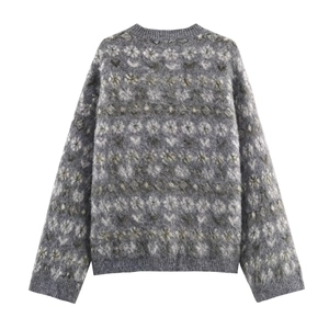 Back view of a casual Fair Isle jacquard knit sweater with soft mohair texture in grey