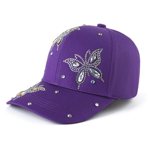 Women's purple baseball cap with sparkling rhinestone butterfly design for sun protection