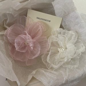 Camellia Flower Hair Clip Organza Mesh Faux Artificial Pearl Duckbill Clip Elegant Floral Handmade Hairpin Accessories For Women Girls