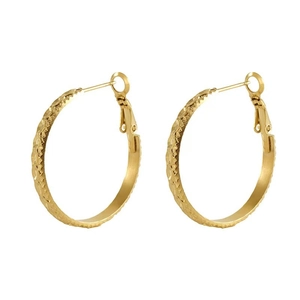Textured 18k gold plated stainless steel hoop earrings with snap closure on white background