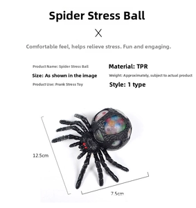 Detailed view of Halloween spider squeeze toy made of TPR with size dimensions 12.5x7.5cm