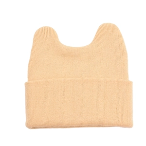 Detail of soft knit texture and cute cat ear design on this apricot warm beanie hat