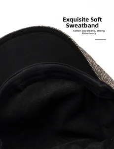 Detail of soft cotton sweatband inside the warm herringbone newsboy cap for men