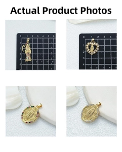 Detailed view of religious pendants with colorful cubic zirconia in 18K gold plating