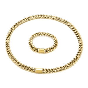 Polished 12mm golden titanium steel Cuban link chain necklace and bracelet set for men