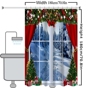 Detailed view of Christmas curtain with festive wreaths and 180x180cm size dimensions