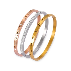 Three-color titanium steel bracelets with Roman numeral engraving and crystals