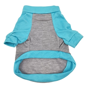 Close-up of blue and grey color-block pet vest made of soft knit cotton fabric
