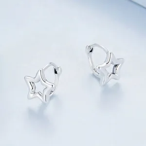Elegant S925 sterling silver star hoop earrings with minimalist hollow pentagram design