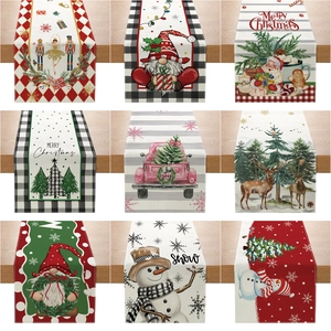 Christmas Table Runner Polyester Linen Texture Festive Holiday Dining Decor Snowman Gnome Reindeer Nutcracker Printed