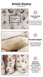Detailed views of corduroy fabric texture, sturdy metal zipper, and floral embroidery
