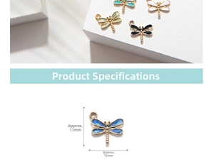 Detailed view of colorful dragonfly alloy charms with 11mm by 12mm dimensions