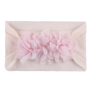Soft pink nylon baby headband featuring three delicate 3D fabric flowers for infants