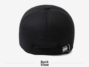 Rear view of black corduroy baseball cap with an adjustable silver metal buckle