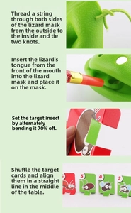 Macro view showing assembly steps for the lizard tongue mask and insect target cards