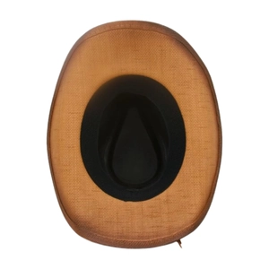 Detailed top view of a tan straw cowboy hat featuring woven texture and a black sweatband