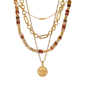 Layered gold stainless steel necklace featuring natural stone beads and an angel pendant