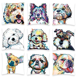 Collection of nine colorful digital print dog portrait throw pillow covers on white backdrop