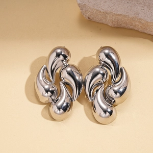 Modern minimalist irregular water drop metal stud earrings with polished silver finish
