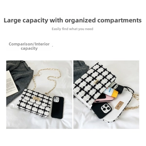 Interior view of black and white tweed crossbody bag showing daily essentials capacity